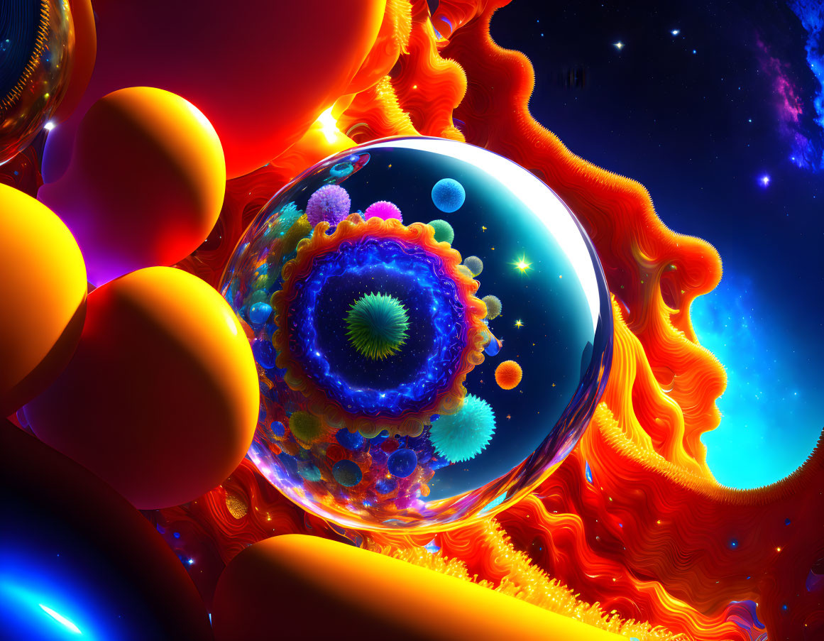 Colorful Abstract Cosmic Scene with Translucent Sphere and Fractal-like Structures