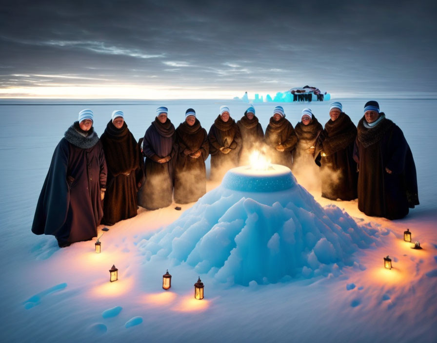 Group of Cloaked Figures with Lanterns Around Blue Ice Structure in Snowy Landscape at Dusk