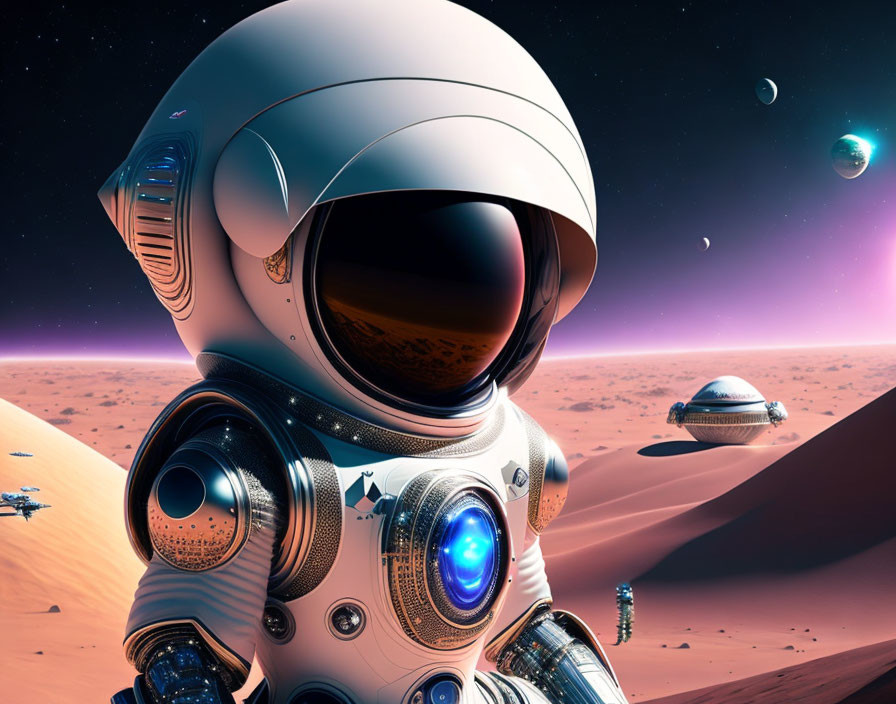 Futuristic astronaut on red Martian surface with visible planets in sky