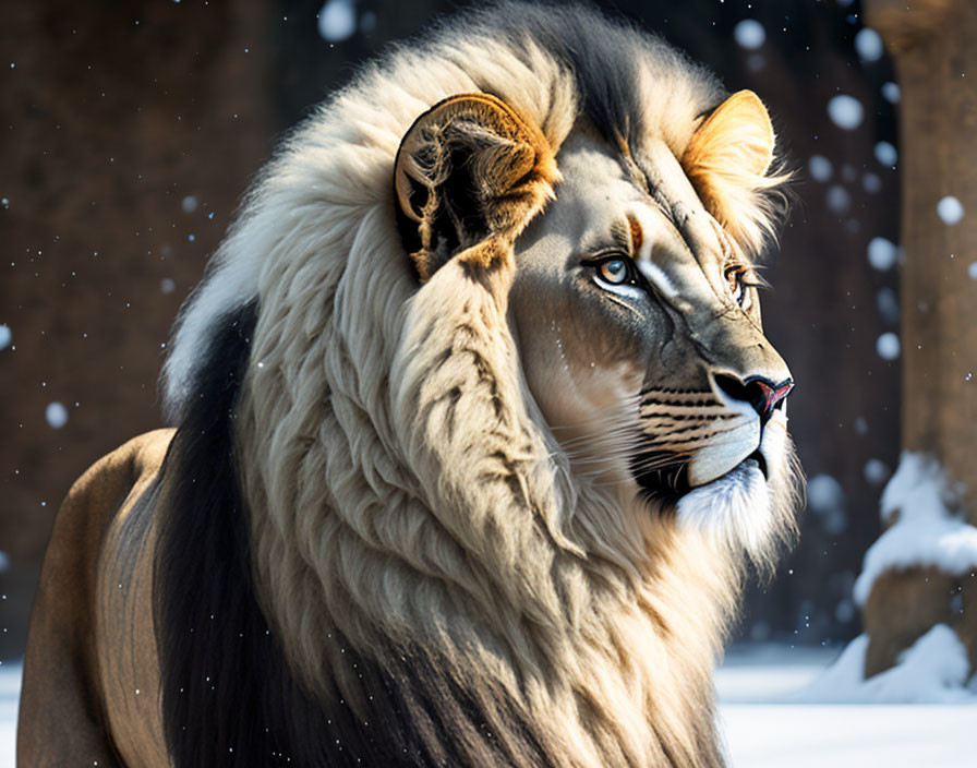 Majestic lion with full mane in snowfall scene