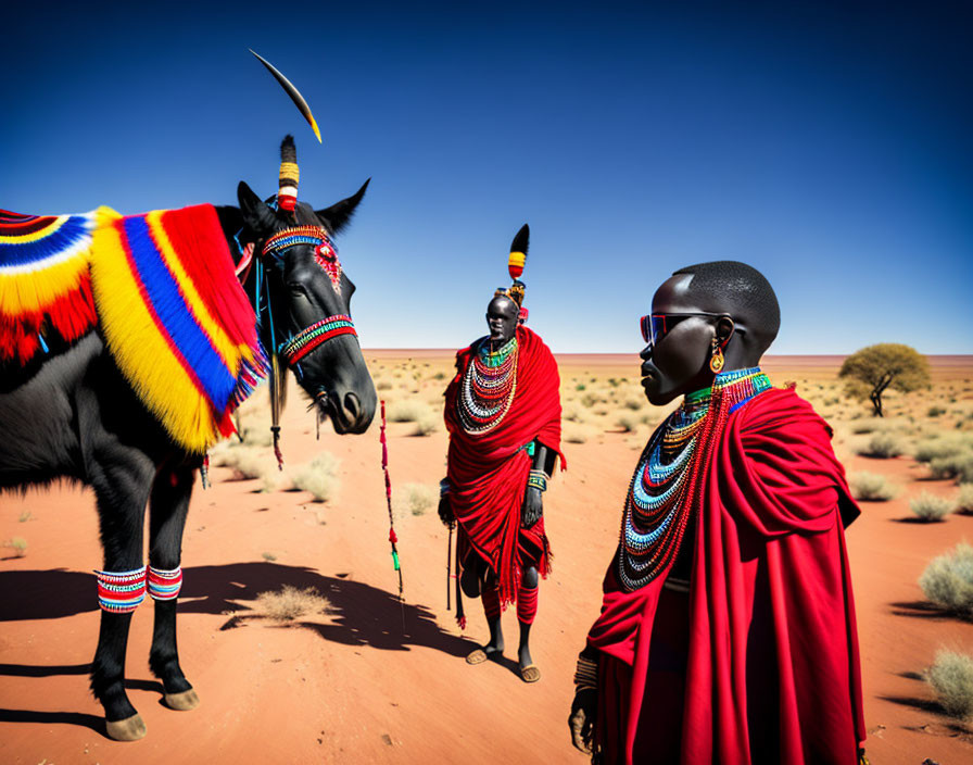 Maasai individuals and decorated ox in desert landscape