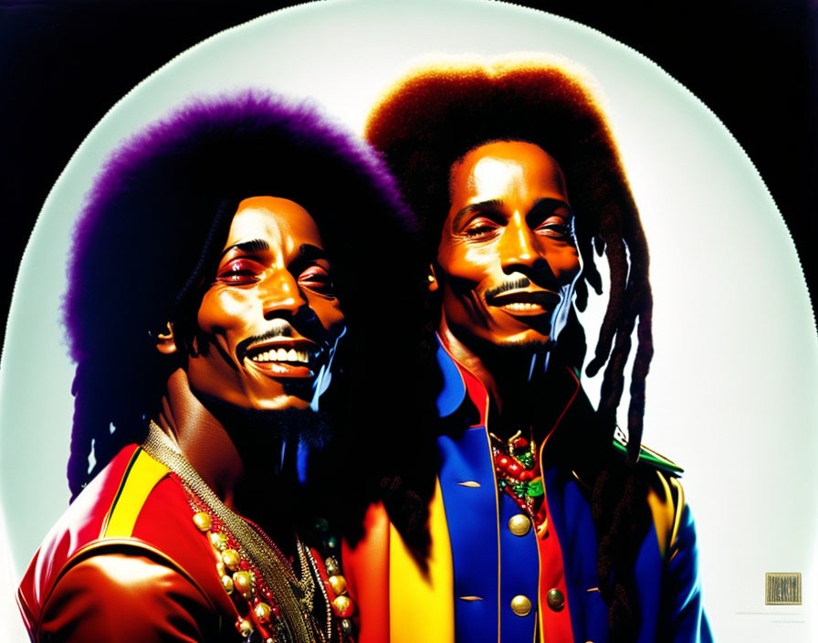 Vibrant portrait of two smiling individuals with dreadlocks in colorful attire