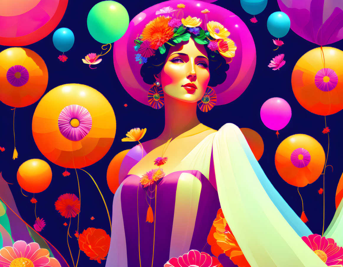 Colorful Balloons and Flowers Surround Woman in Floral Adornments