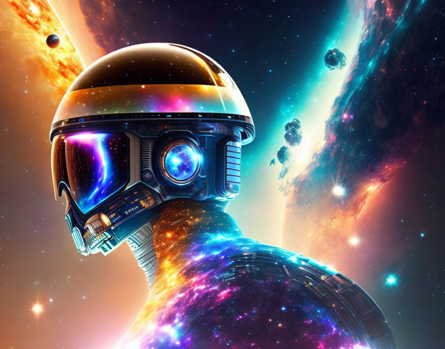 Colorful Cosmic Scene with Person in Futuristic Helmet