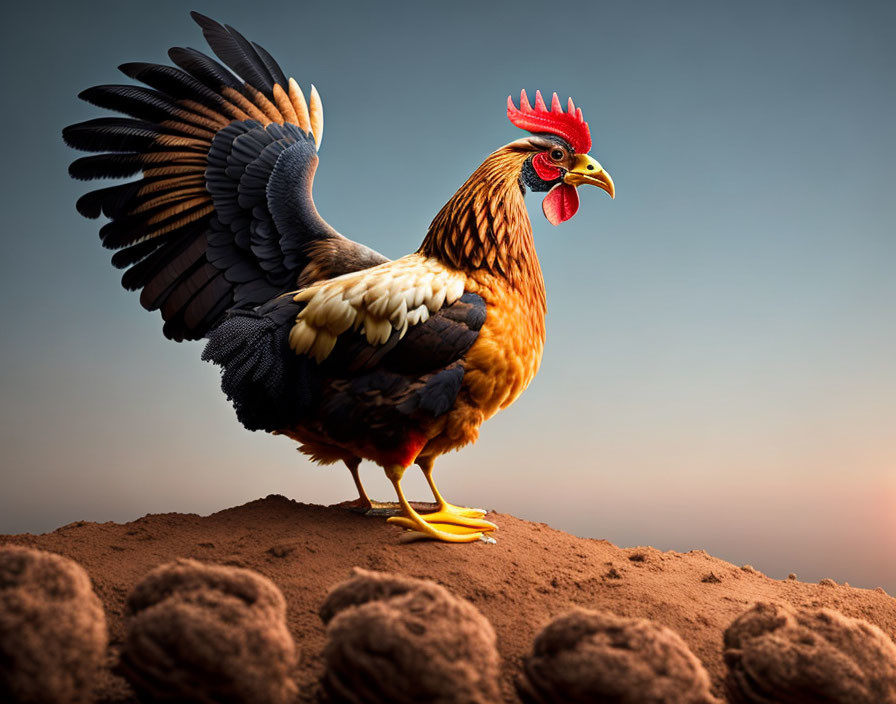 Colorful Rooster with Spread Wings on Mound at Sunset