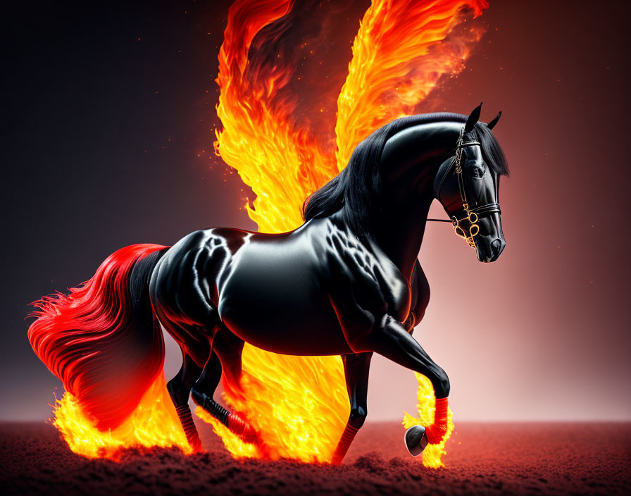 Majestic black horse with fiery mane galloping in flames