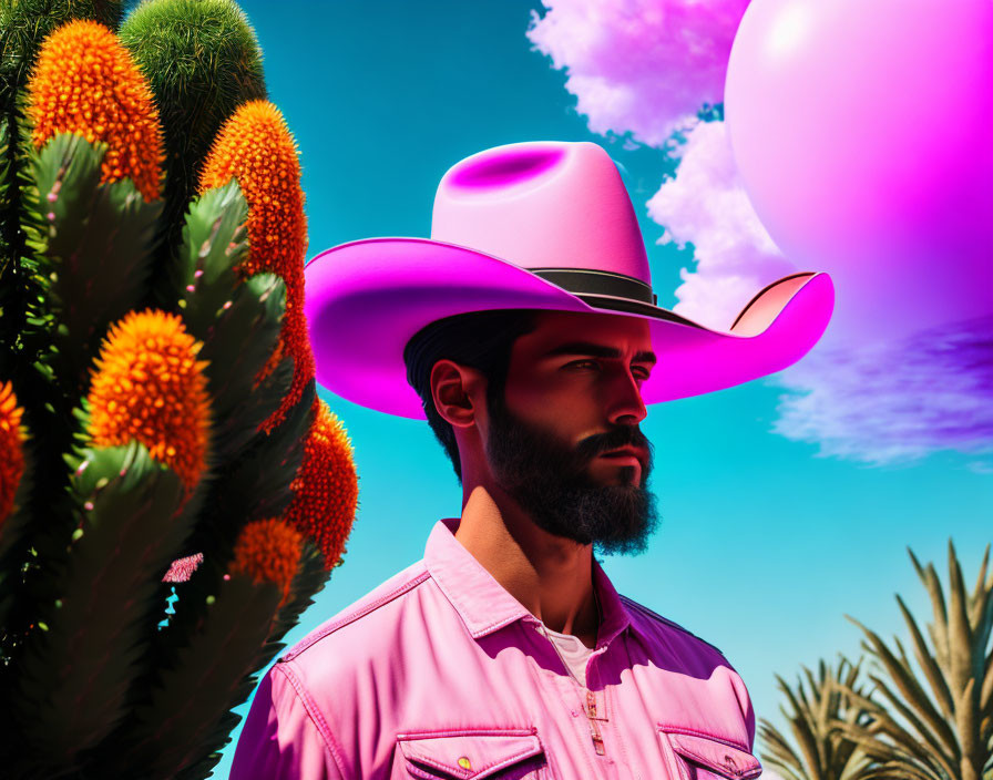 Bearded man in pink cowboy attire with surreal desert backdrop