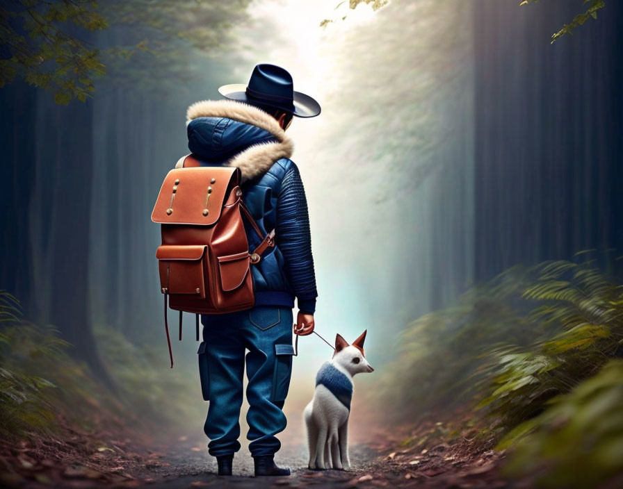 Person in hat and jacket walking with small dog on foggy forest path