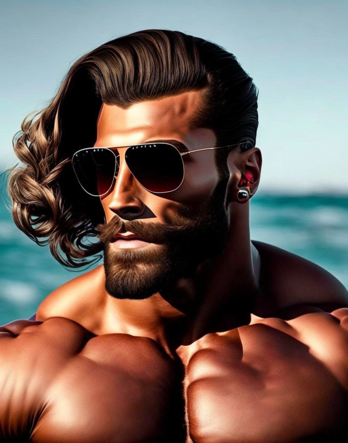 Muscular man with beard and sunglasses by water background