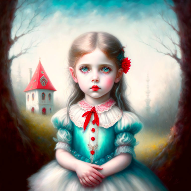 Surreal artwork: Young girl with blue eyes and red flower in front of whimsical backdrop.