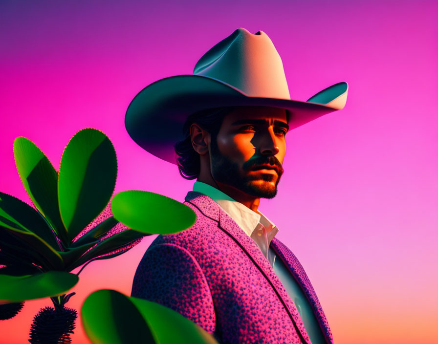 Man with facial hair in cowboy hat against vibrant sunset background