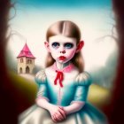 Surreal artwork: Young girl with blue eyes and red flower in front of whimsical backdrop.