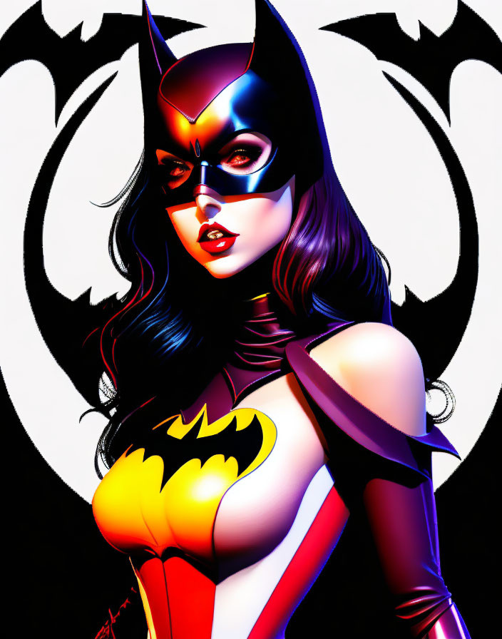 Female superhero with bat emblem, mask, and cape on batwing backdrop