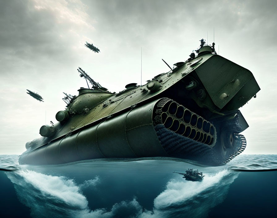 Surreal tank-submarine hybrid in a maritime fantasy scene