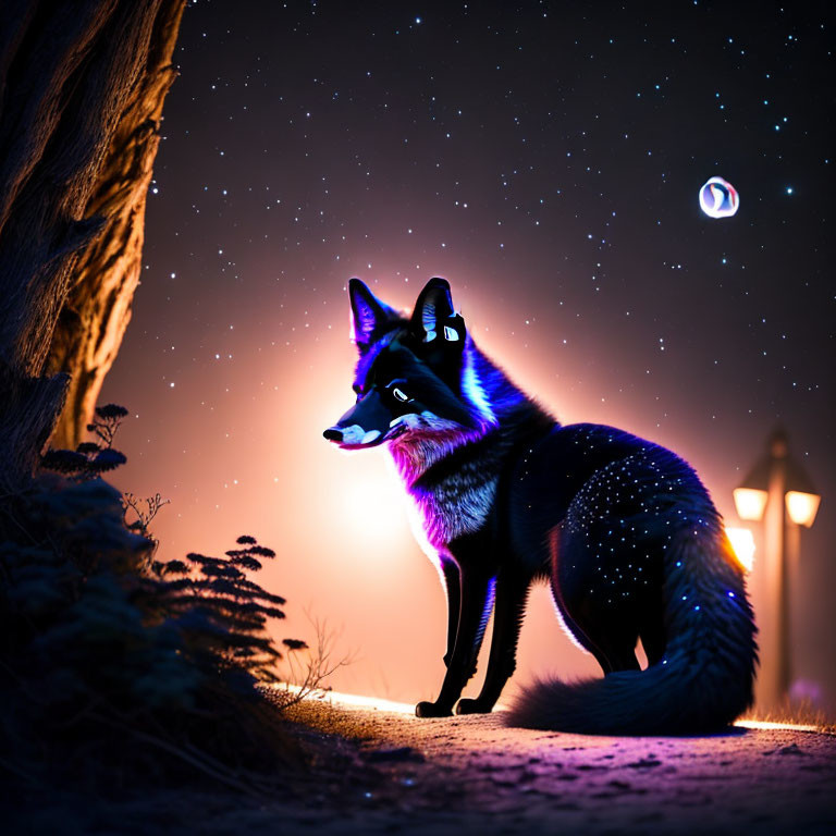 Luminous blue fox in mystical nighttime scene