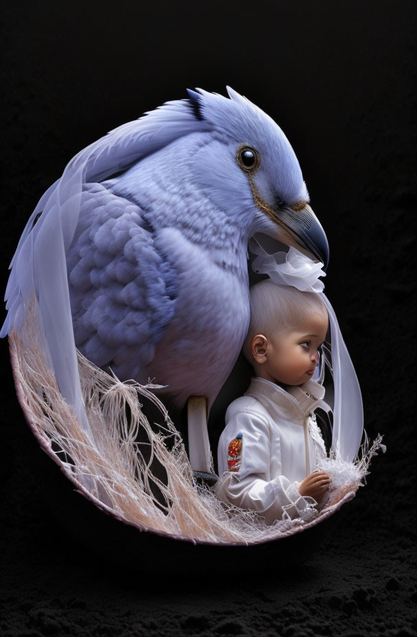 Surreal image of large blue bird and doll-like child in eggshell on dark background