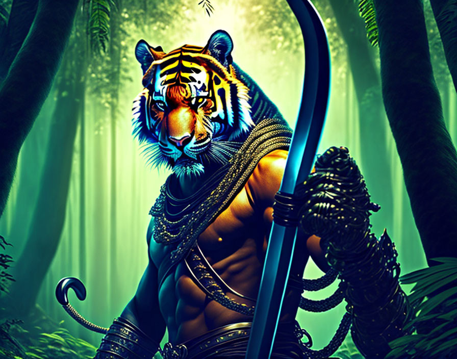 Man with Tiger Head in Jungle Wearing Armor and Sword