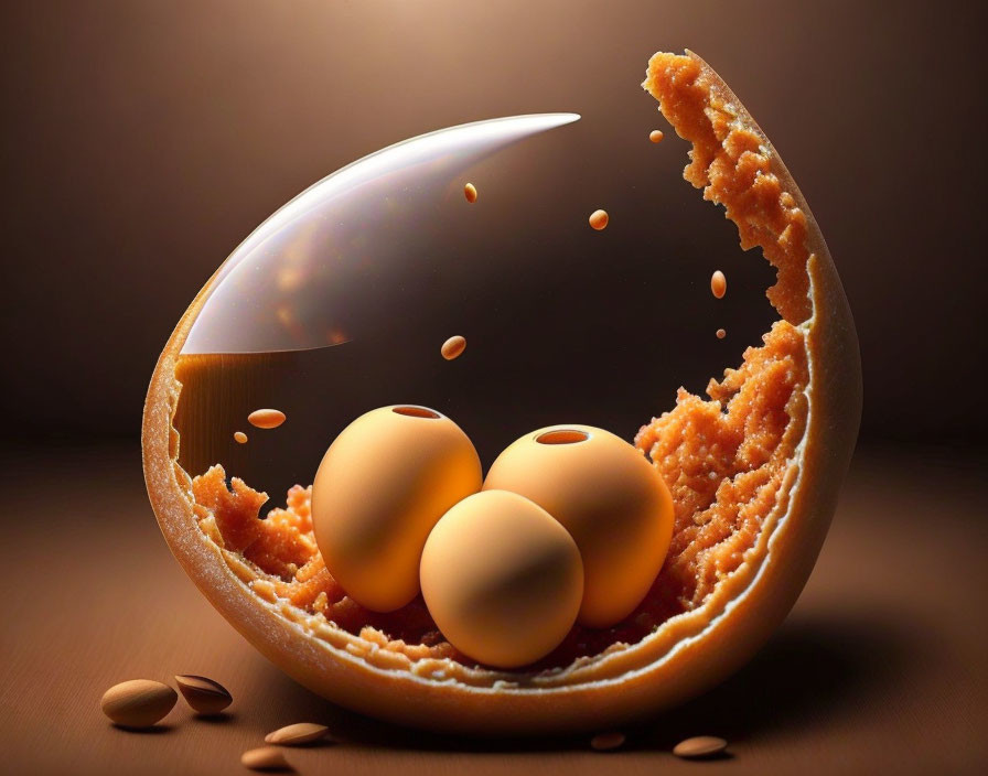 Surreal broken cookie with glossy bubble surface and spherical objects on brown background