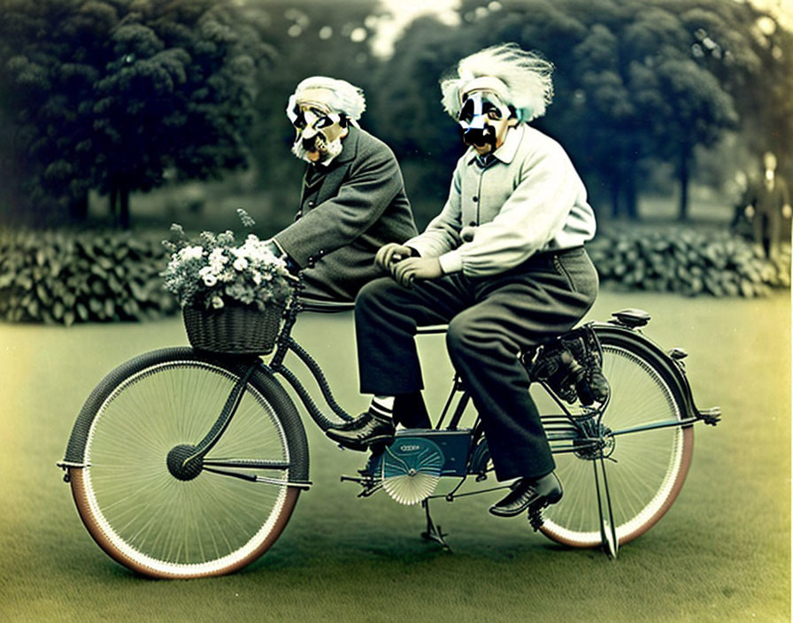 Vintage photograph of two individuals in old-fashioned clothing and spooky masks on a tandem bicycle with flowers.