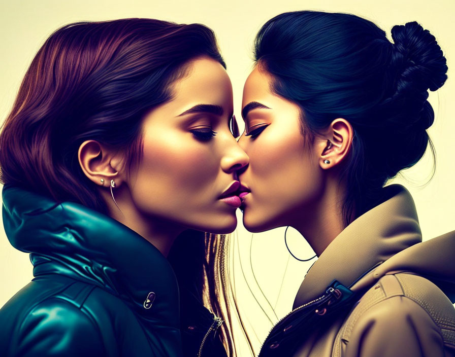 Two Women in Blue and Beige Jackets in Stylized, Colorful Portrayal