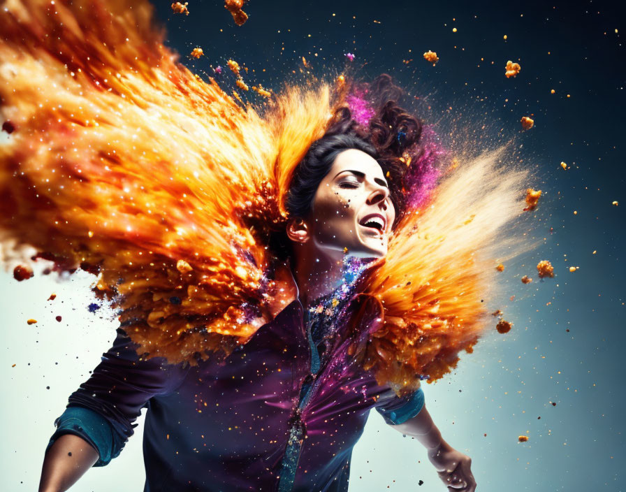 Colorful Burst: Woman engulfed in Orange Flames and Purple Glitter