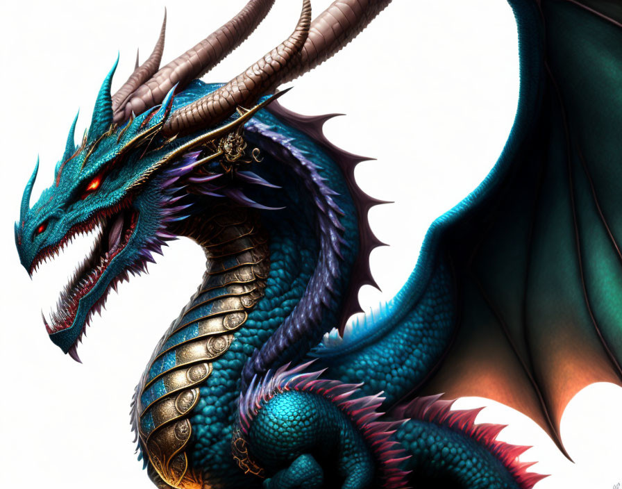 Vividly Colored Dragon with Blue Scales and Red Eyes against Minimalist Background