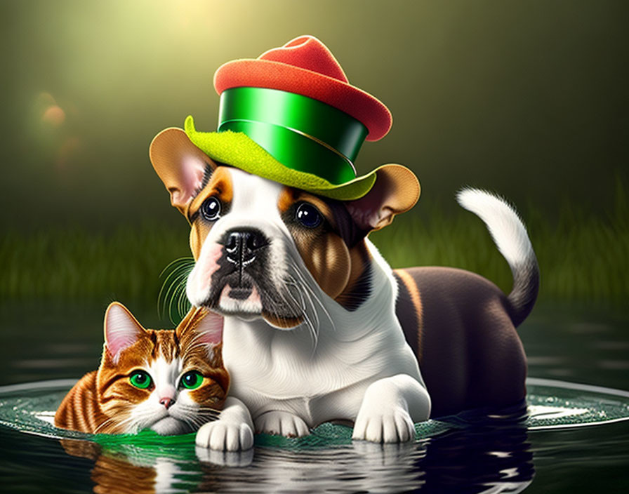 Colorful dog and cat illustration reflecting on water with green background