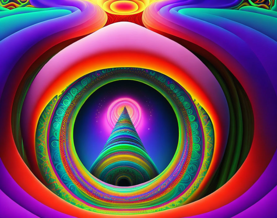 Colorful Psychedelic Digital Artwork with Spiraling Tunnel