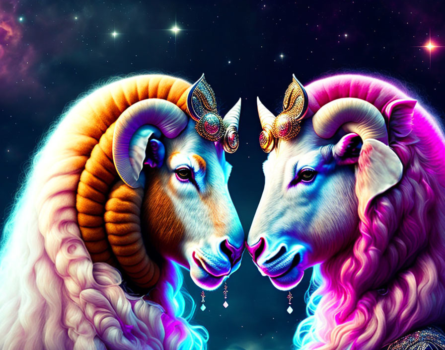 Colorful Aries Ram Heads on Cosmic Background