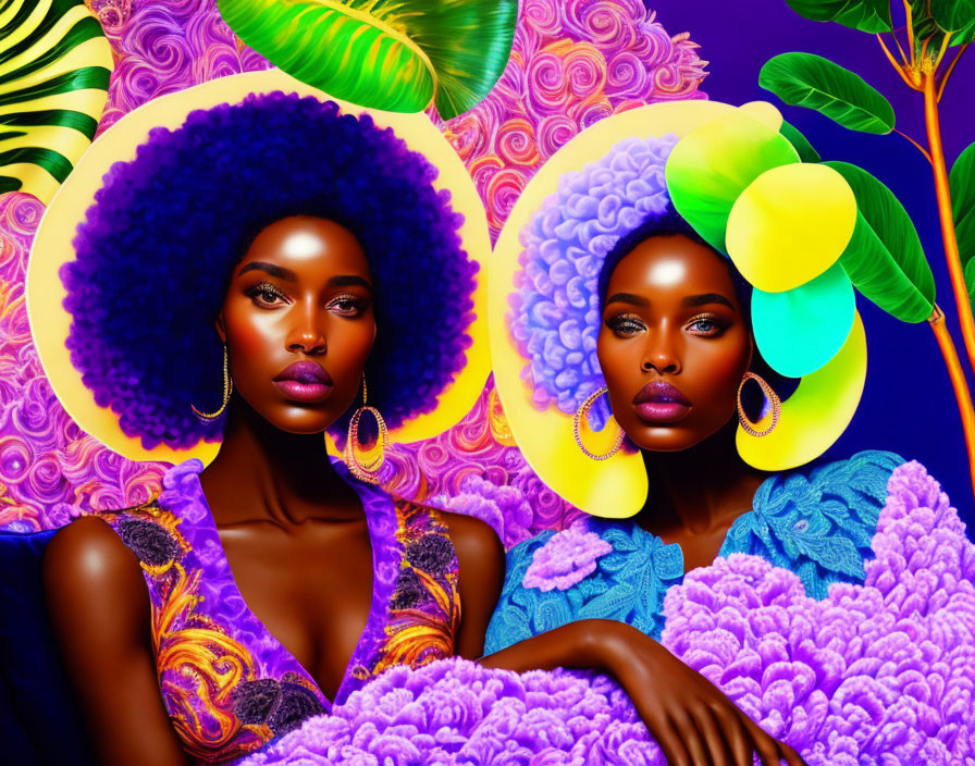 Colorful portrait of two women with afros in vibrant setting.