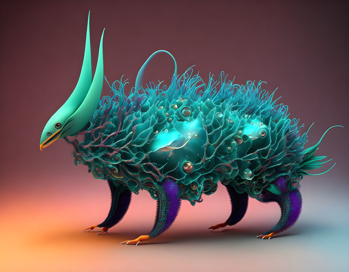 Colorful fantastical creature with bird-like beak, feathered crest, purple legs, teal mane