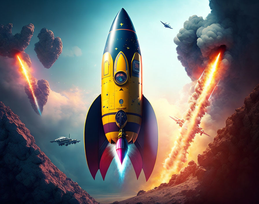 Colorful rocket launch with planes and floating islands in dramatic sky