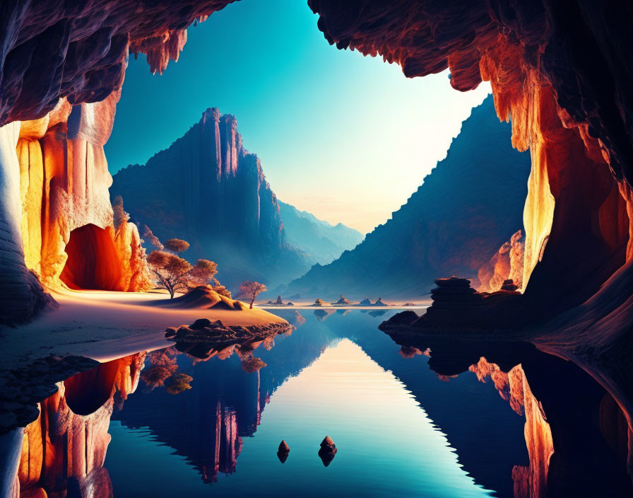 Tranquil landscape: cave view of still lake, cliffs, trees, golden sky