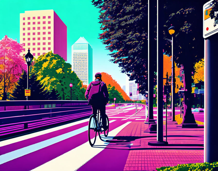 Urban cycling scene with vibrant trees and colorful buildings