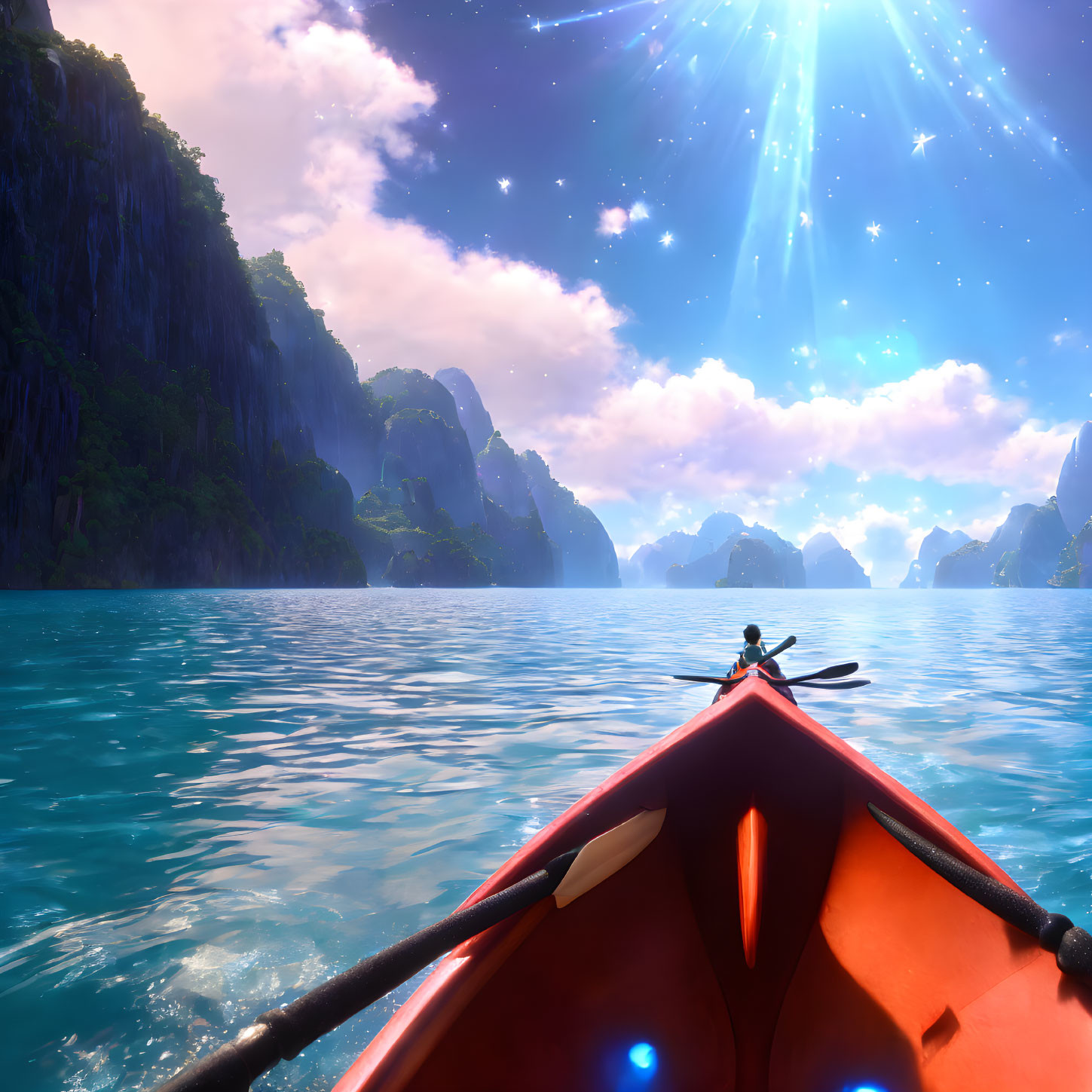 Person in Red Kayak Surrounded by Blue Waters, Green Cliffs, and Starry Sky