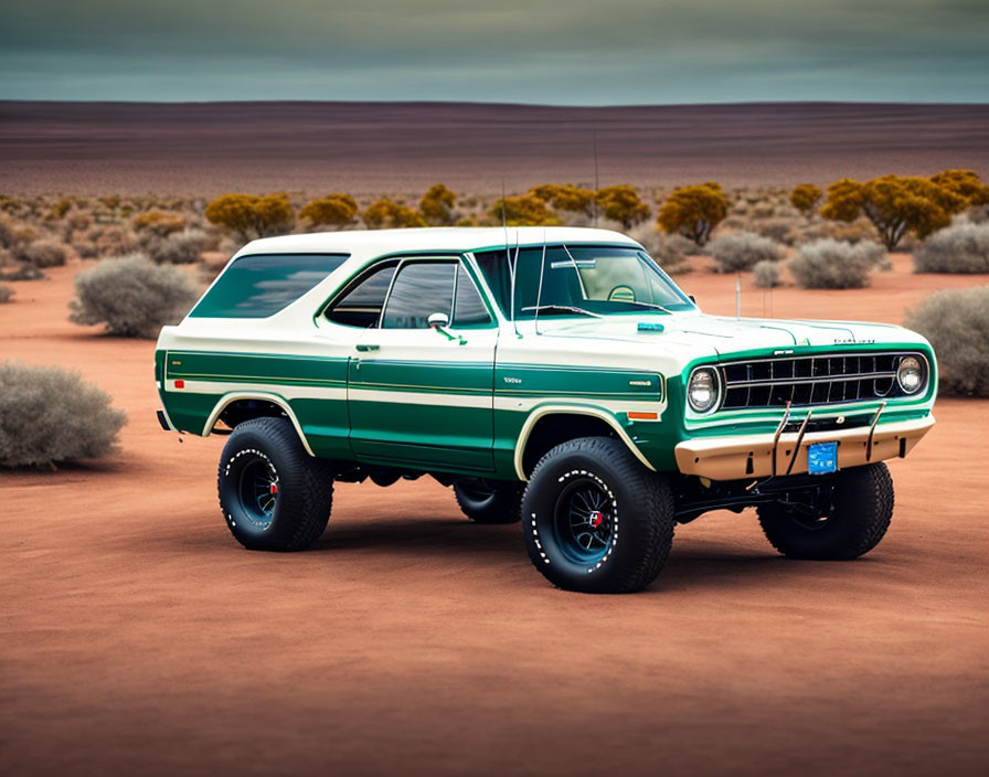 Vintage Green and White SUV in Desert Landscape with Sparse Vegetation