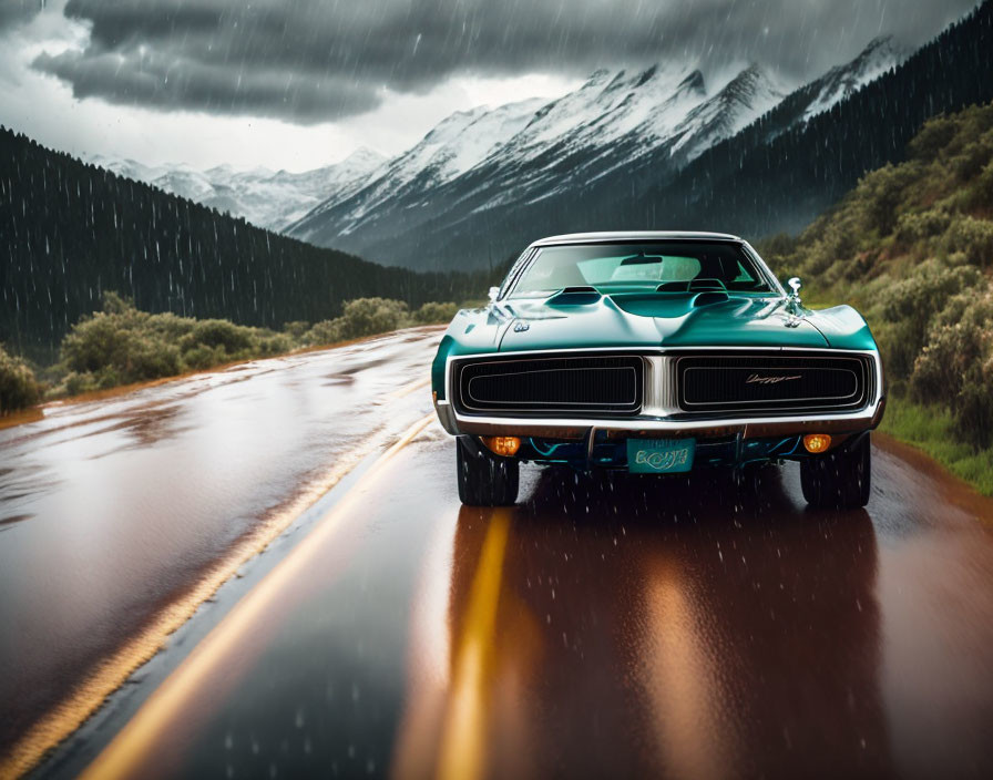 Classic Muscle Car Drives on Wet Mountain Road in Overcast Weather