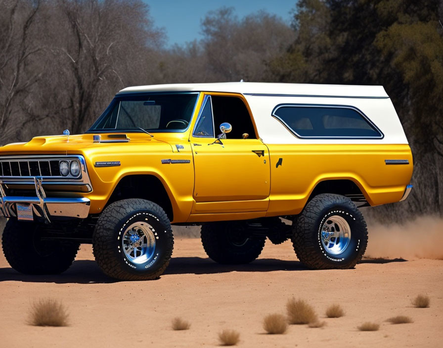 Vintage yellow SUV with chrome details and blue-tinted wheels on dusty dirt path under clear blue sky