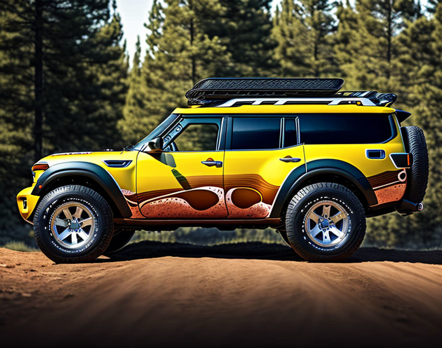 Yellow Off-Road SUV with Black Trim and Roof Rack in Pine Forest