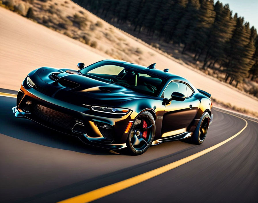 Black Sports Car with Racing Stripes Speeding on Road at Sunset