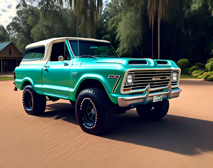 Classic Turquoise Ford Bronco Parked in Sandy Area