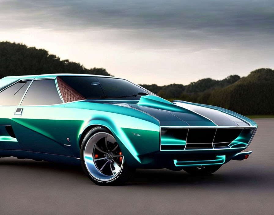 Teal retro-futuristic sports car with pop-up headlights parked on asphalt road