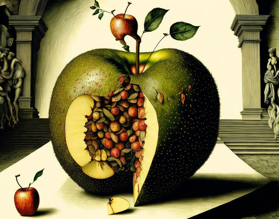 Surreal artwork: large apple with cut-out piece, honeycomb structure, bees, smaller apple