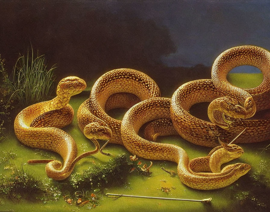 Detailed painting of entwined golden snakes in lush setting with scepter