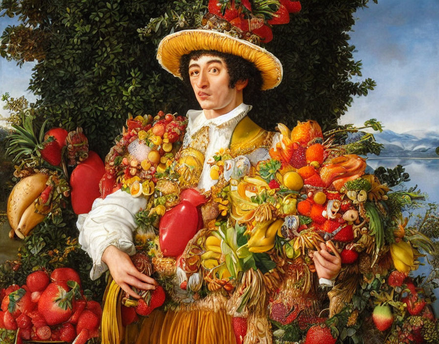 Person adorned with fruits and vegetables in a straw hat against lush backdrop