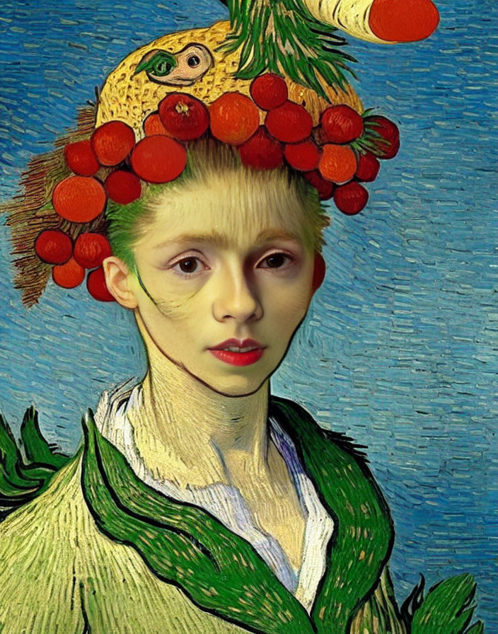 Fruit hat portrait on textured blue background mimicking Van Gogh's style