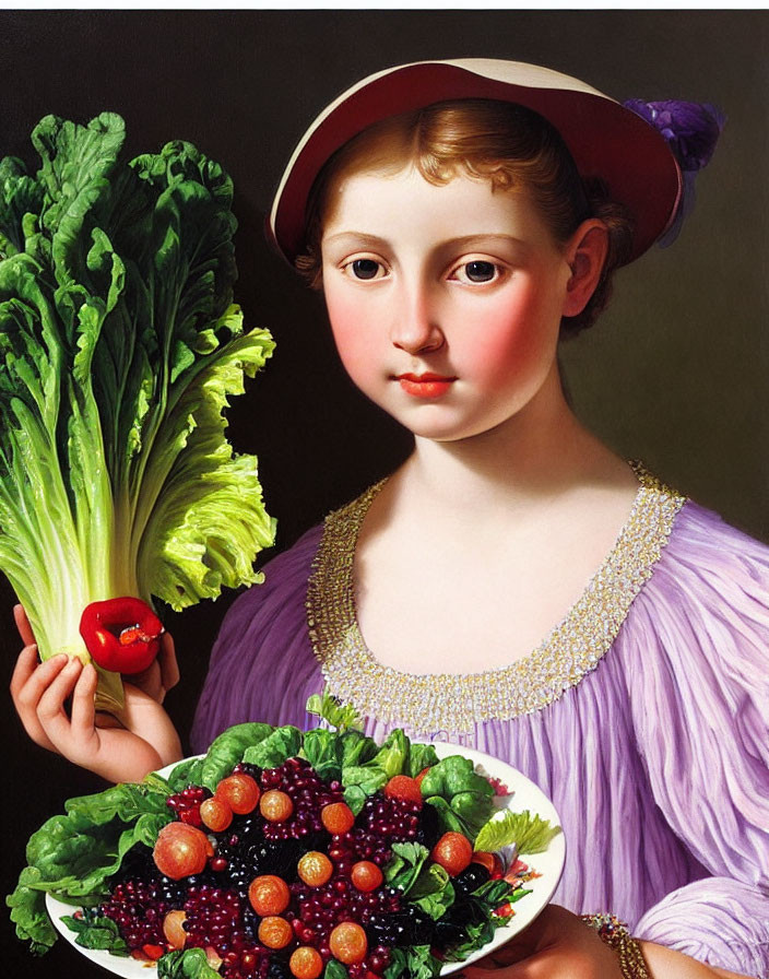 Young woman with leafy green vegetable and plate of fruits and vegetables