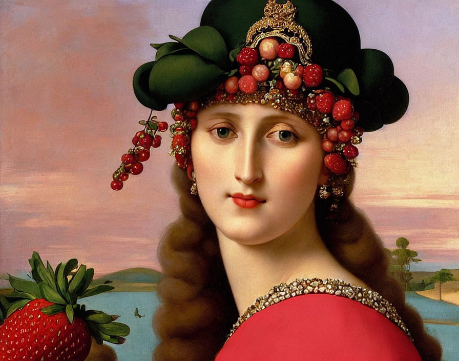 Portrait of Woman with Fruit-Adorned Hat and Jewelry against Landscape with Strawberry