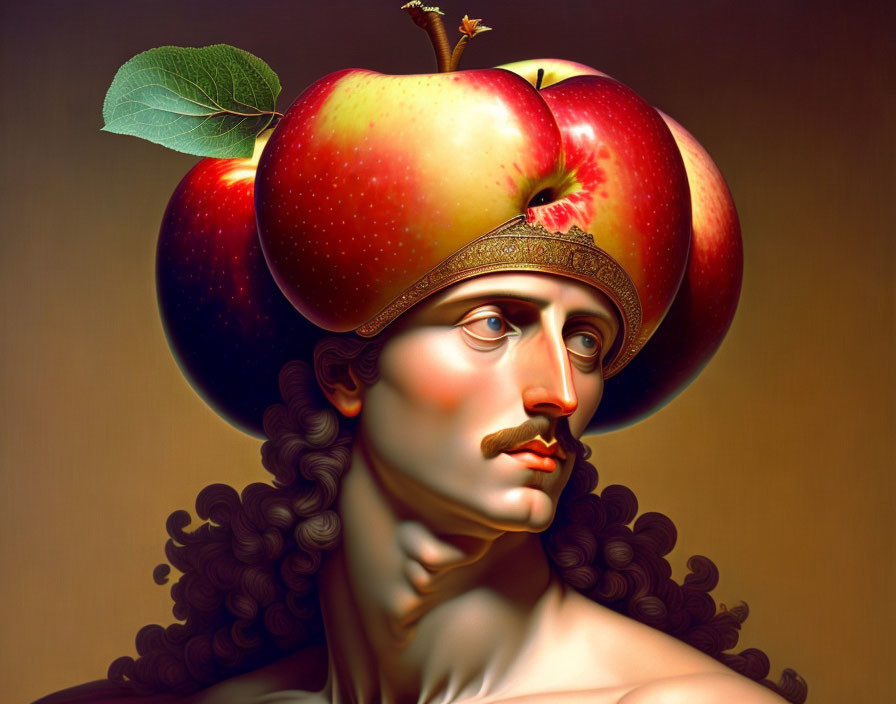 Surreal portrait: man with red apple hat, green leaf, twig, beige background