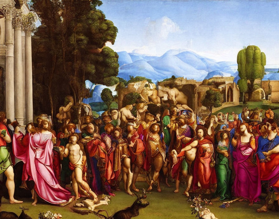 Renaissance painting with classical figures and lush landscapes